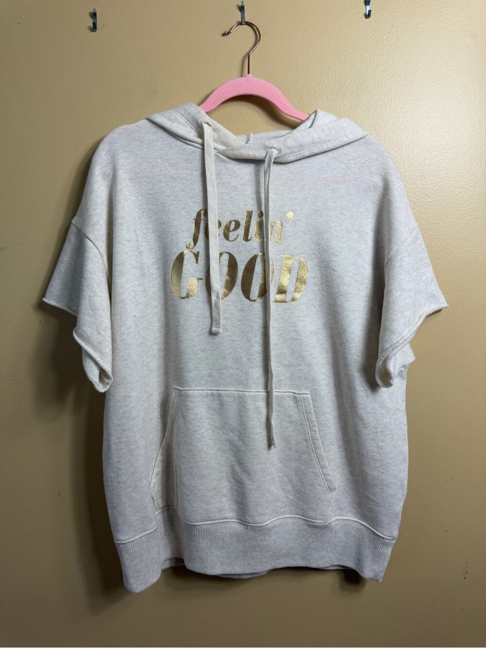 NWOT Aerie feeling good oatmeal short sleeve sweatshirt hoodie. Small.